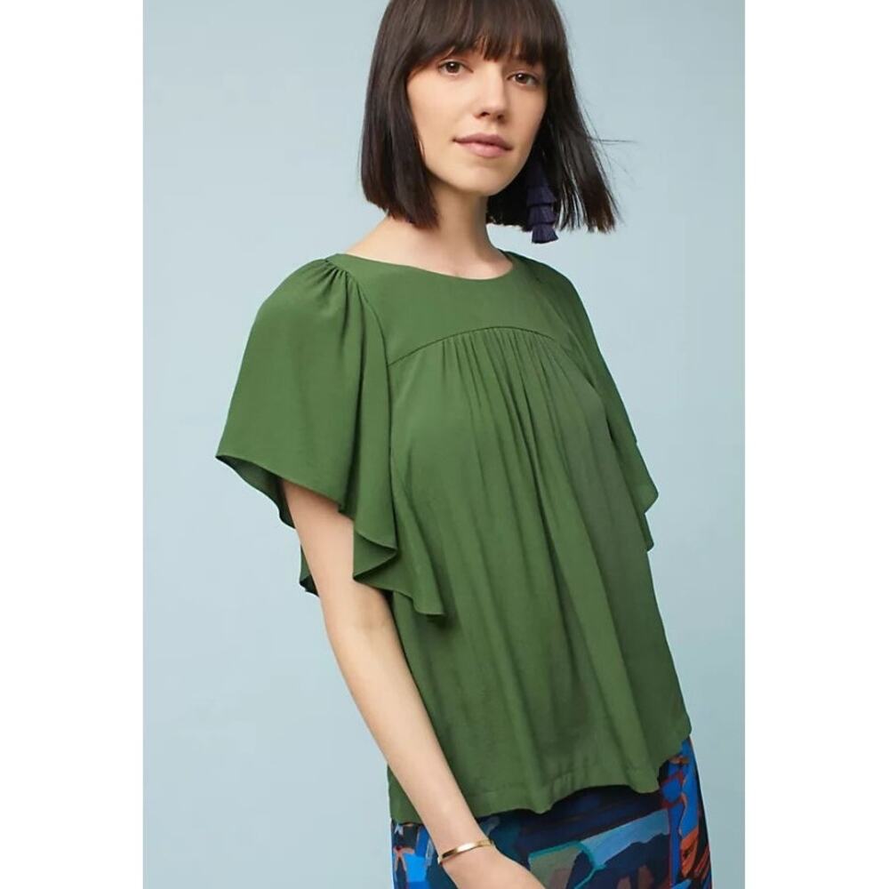 Anthropologie Maeve Prato Flutter Sleeve Top in Moss Green Size Small